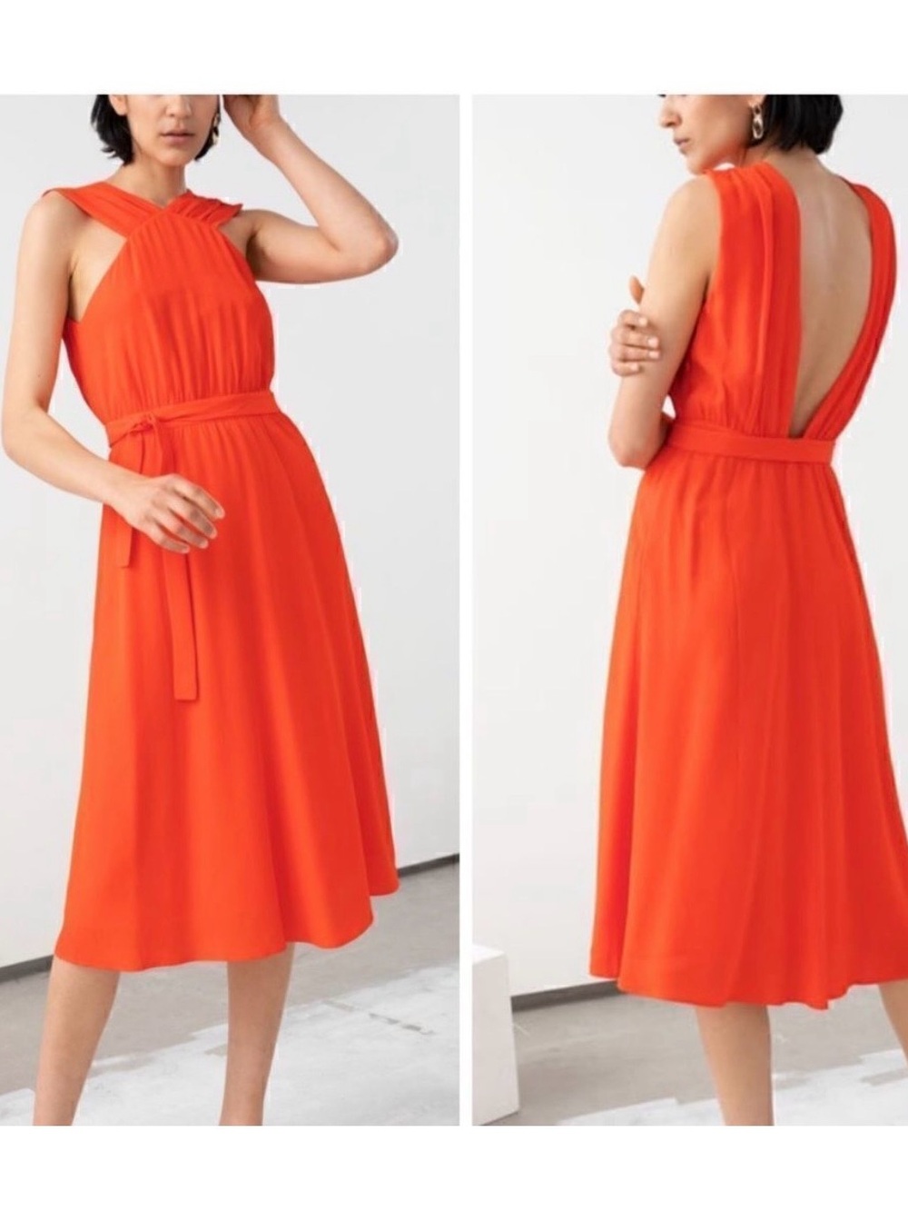 & OTHER STORIES Orange Sleeveless Cross Front Halter Tie Midi Dress Size 2